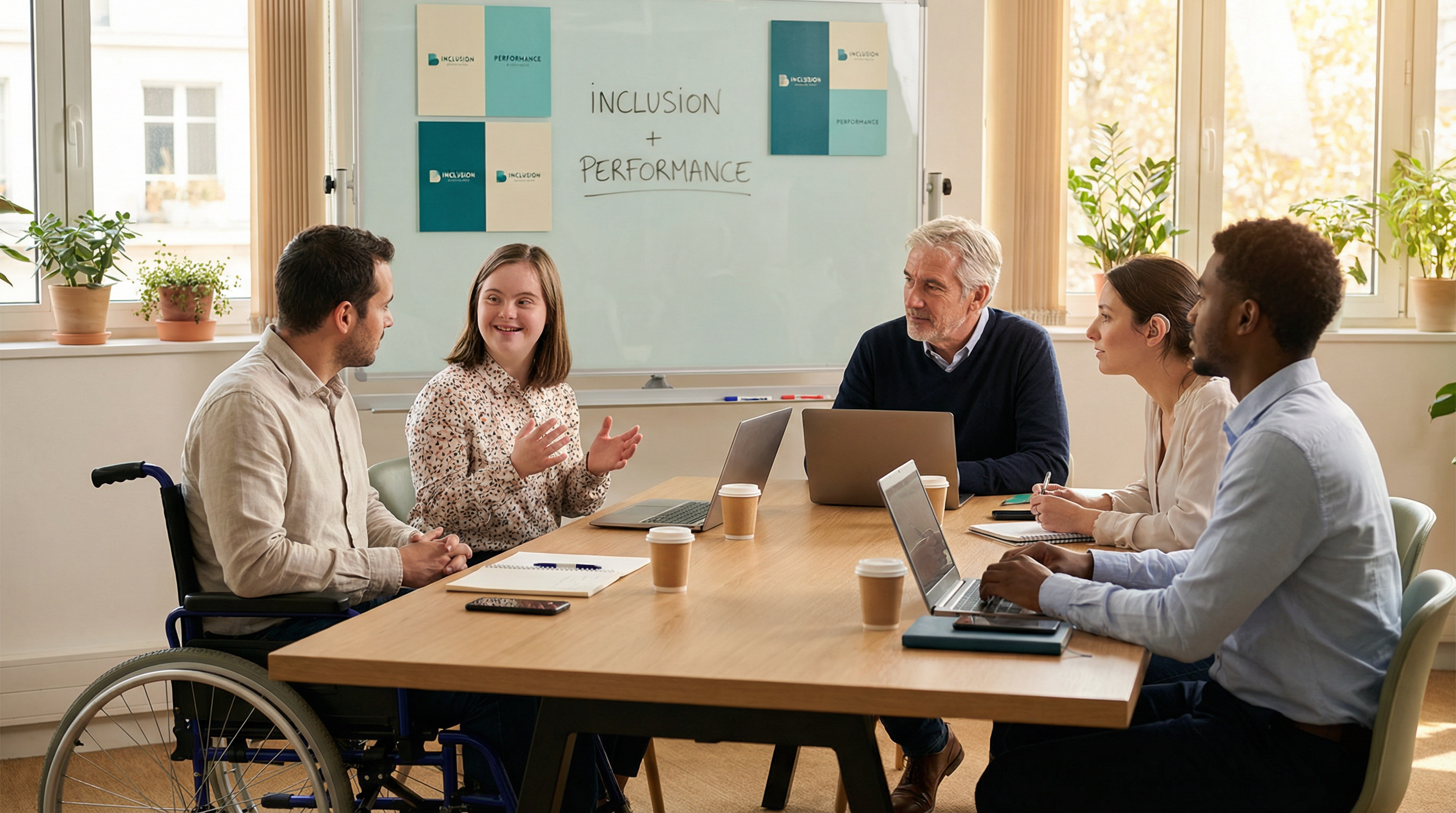 Équipe diverse collaborant dans un environnement de travail inclusif